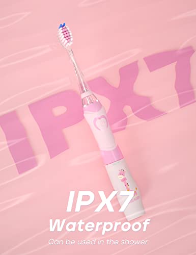 SEAGO Kids Electric Toothbrush with 2 Mins Timer and 4 Replacement Bursh Heads, Rainbow LED Light Make Brushing Fun, Pink Color Girls Battery Powerd for 4-12 Years Old,SG-977