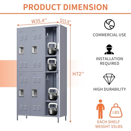 Storage Locker Cabinet, with 6 Doors and Lock, Gray, Durable & Easy to Maintain, for Living Room, Bedroom, and Kitchen