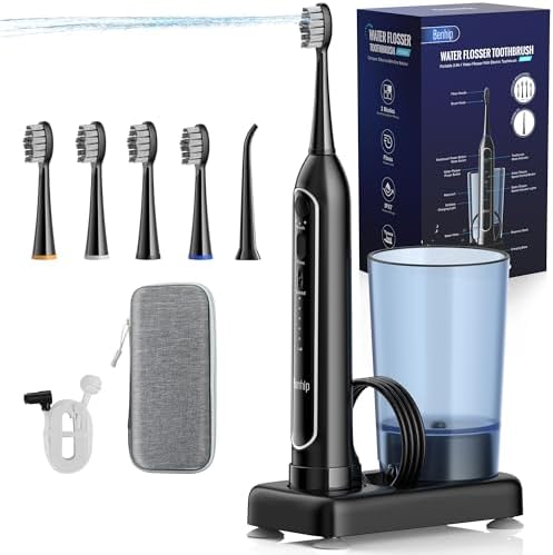 Water Flosser with Electric Toothbrush – 3 Sonic Toothbrush Modes & 5 Water Flossing Pressure – Wireless Charging & IPX7 Waterproof – Portable Travel Case Included(Black)