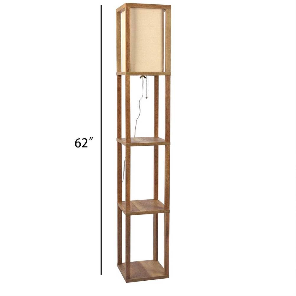 AMZSTAN 62" Floor Lamp with 3 Tier Shelves for Living Room, Wood Floor Lamps with Linen Shade, Corner Display Standing Column Storage Lamp for Farmhouse Bedroom