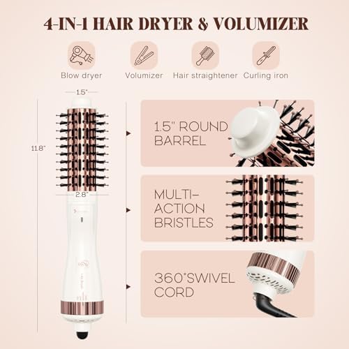 Dual Voltage(110~250V) 1.8 Inch Barrel Round Brush Blow Dryer, Hair Dryer Brush with European Plug Adapter, 4-in-1 Negative Ionic One Step Volumizer Dryer- 2.8 Inch Include Bristles