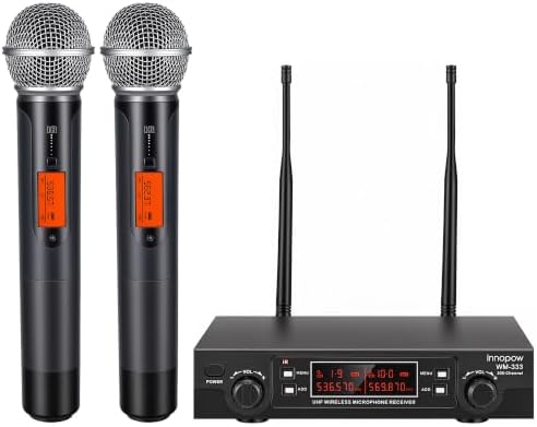 innopow 200-Channel Wireless Microphones System, Dual UHF Metal Cordless Mic Set, Auto Scan, Long Range 200-240Ft,16 Hours Use for Karaoke Singing, Church, 2022 Version(WM333)