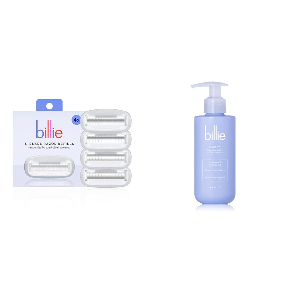 Billie Women’s Razor Refill Blades 5-Blade Cartridges - 4 count & - V Smooth - Shave Gel + Cleanser for Pubic Hair & Skin - pH-Balanced - Fragrance-Free - Gynecologist-Approved - 6.5 oz.