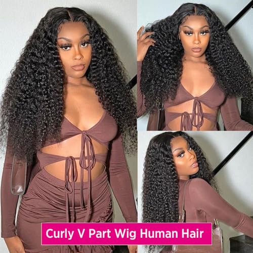 V Part Wig Human Hair No Leave Out Upgrade Curly V Part Wig Human Hair Wig for Women 150% Density V Part Wig No Glue No Sew Clip In Half Wigs Natural Color 20 Inch