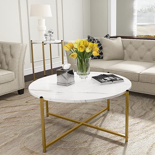 Lamerge Coffee Table Set of 3,Modern Faux Marble Top with Golden Frame,1 Coffee Table & 2 Accent Table, Living Room Table Set, for Apartment,Office and So on,White & Gold (LCTR-W)