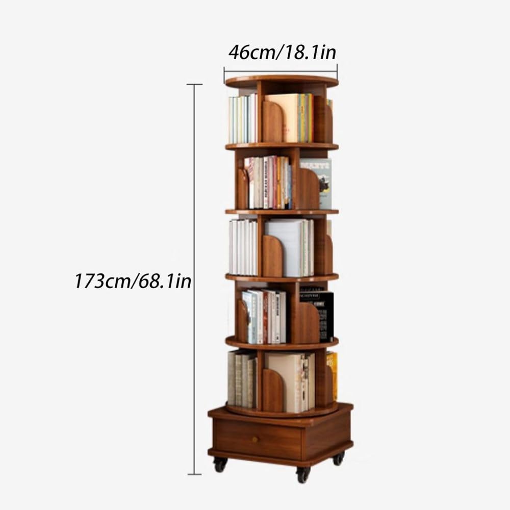 Hayiodda Modern 6 Tier Rotating Bookshelf with Drawer and Wheels, 360° Spinning Tall Bookshelf for Small Spaces, Slim Spining Bookcase for Bedroom, Living Room, Office, Walnut (6 Tier)