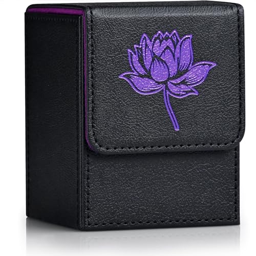 ZLCA Card Deck Box for MTG Cards with 2 Dividers, Card Storage Box Fits 100+ Single Sleeved Cards, PU Leather TCG Card Deck Case Holder for Magic Commander Yugioh (Black&Purple,Lotus)