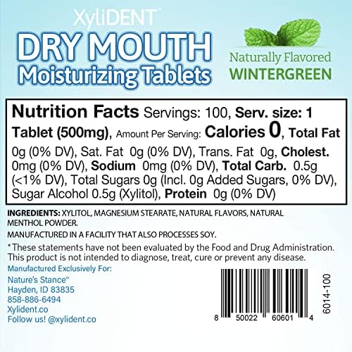 Nature's Stance XyliDENT Xylitol Tablets for Dry Mouth Relief - Stimulates Saliva, Freshens Breath, Reduces Acid Production, Fast Acting Relief, 100 Count (Wintergreen)
