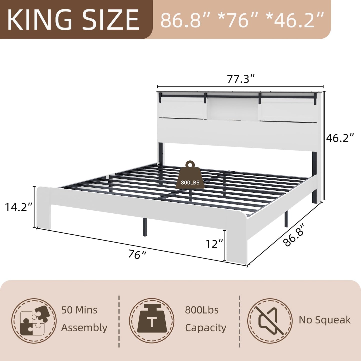 QNICE King Size Wooden Bed Frame with Storage Headboard, LED Lights & Charging Station, Sliding Barn Door, Farmhouse Wood Platform Bed with Metal Slats Support, Boho White