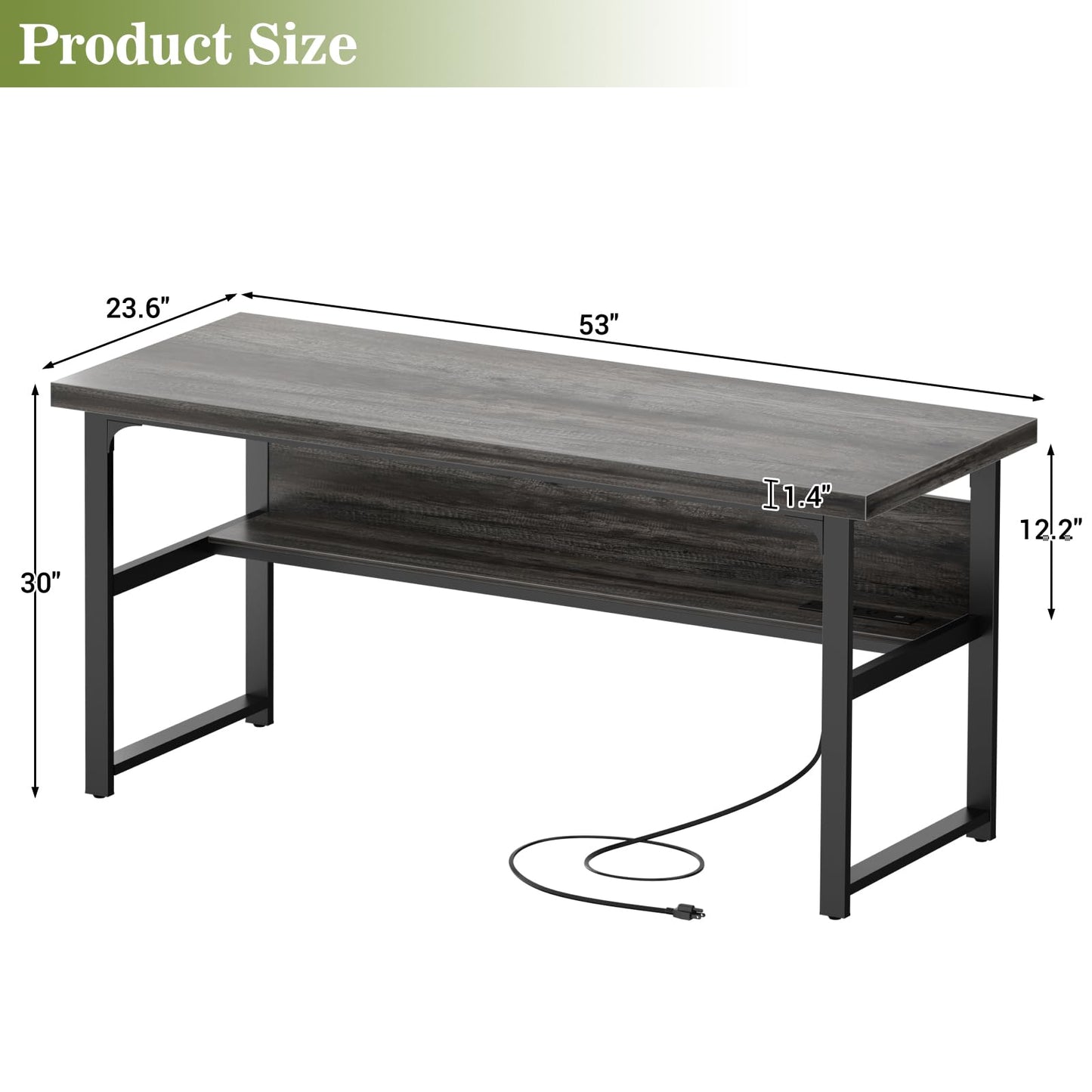 Unikito 53 Inch Desk with Power Outlets and USB Ports, Computer Desk with 1.4 Inch Thicker Desktop, Heavy Duty Study Writing Table with Shelf, Work Gaming Desk for Home Office, Metal Frame, Black Oak