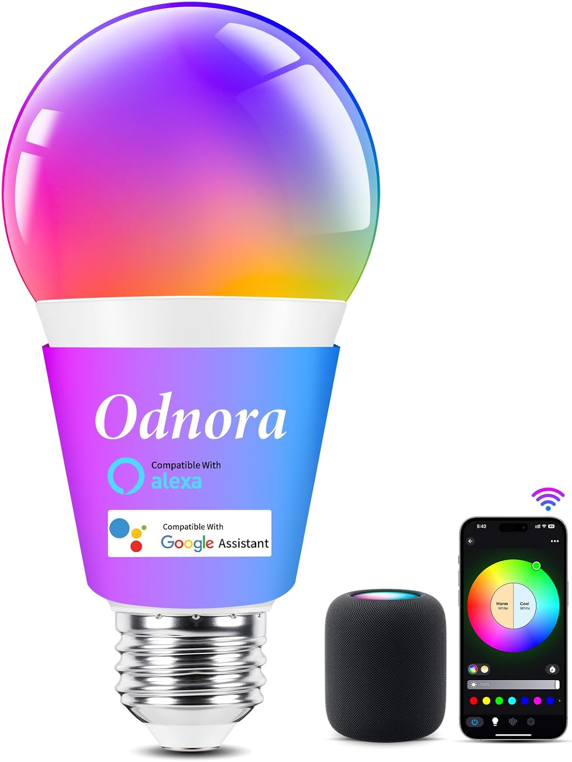 Smart A19 LED Light Bulb, Color Changing Light Bulbs, Compatible with Alexa & Google Assistant, Dimmable RGBTW, 2.4GHz Wi-Fi Bluetooth Bulbs, 9W (60W Equivalent), No Hub Required, 8 Packs