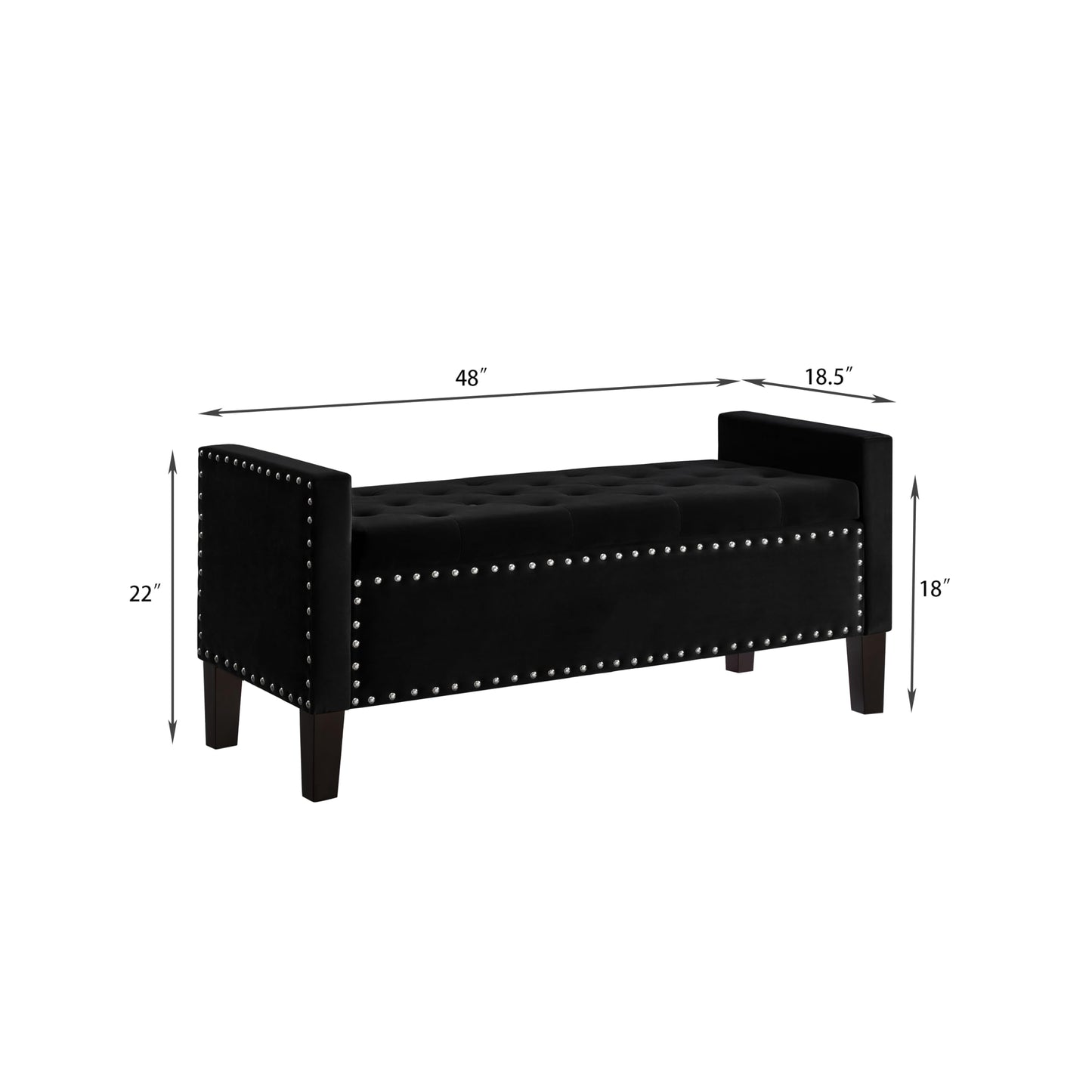 Favfurish Velvet Storage Ottoman with Armrests and Nails Trim,Entryway Living Room Soft Padded Seat,Bed Bench Bedroom End of Bed,Black (48”L X 18.5” W X 22” H)