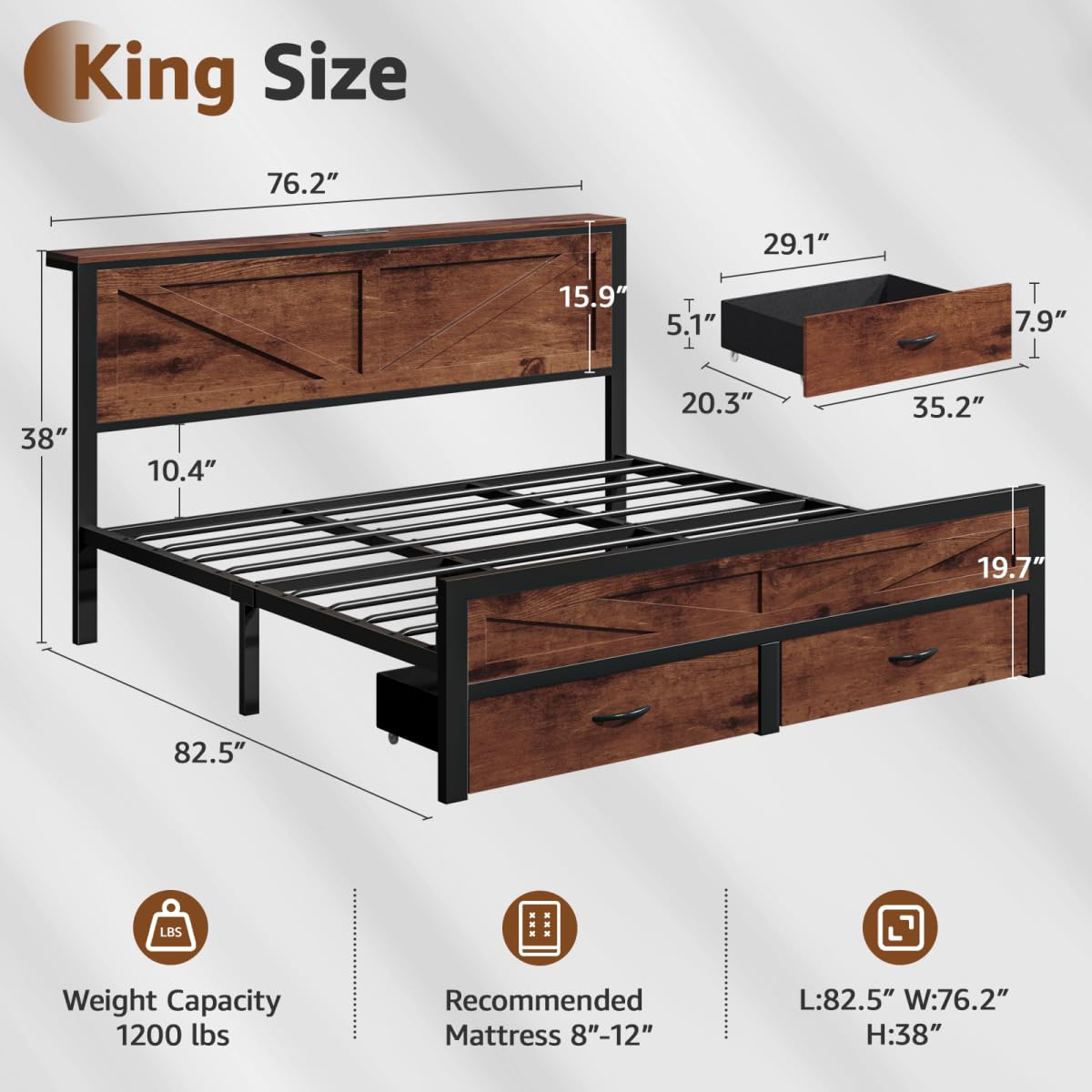 Siihnon Rustic King Size Bed Frame with Storage Drawers and Barn Door Headboard, Farmhouse LED King Bed Frame with Charging Station, Metal Industrial Platform Bed Frames, No Box Spring Needed, Brown