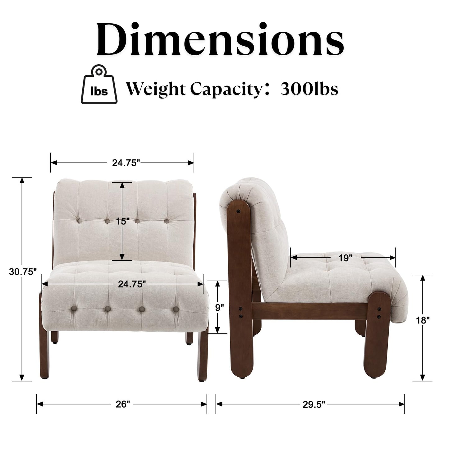 HEAH-YO Living Room Accent Chair Set of 1,Modern Armless Chair for Bedroom with Button Tufted Back and Wood Legs,Upholstered Comfy Reading Chair for Makeup Vanity Office Cafe,Chenille Beige