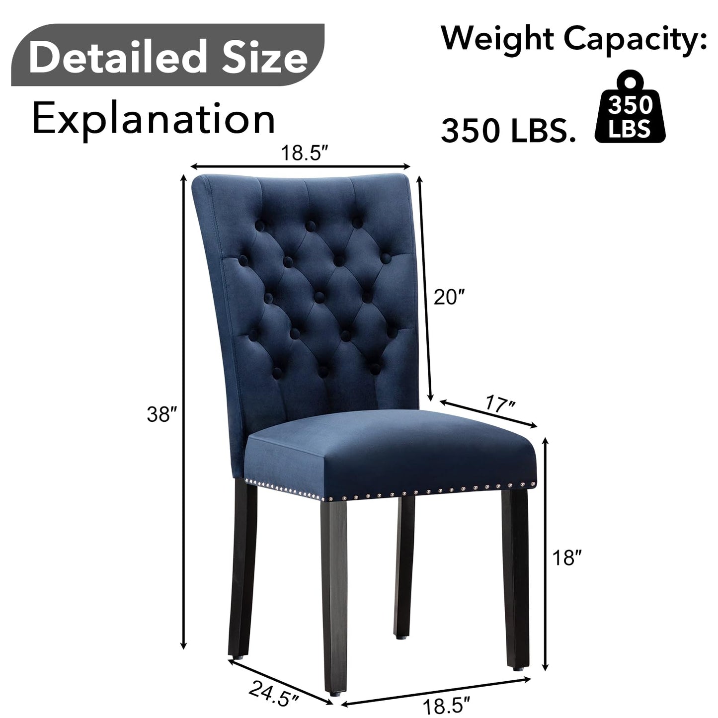 adochr Velvet Dining Chair Set of 2, Parsons Upholstered Dining Room Chair, Wood Accent Chair with Nailed Trim, Blue