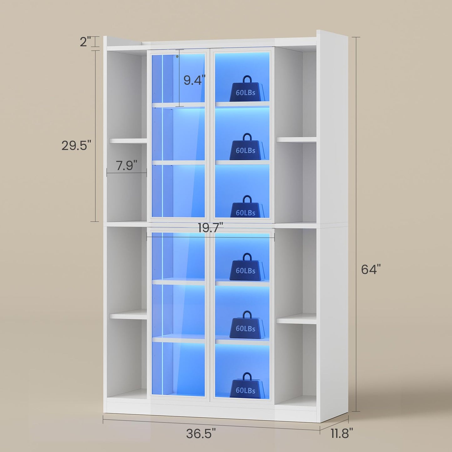 SEDETA Display Cabinet with Glass Doors, 6 Tier Curio Cabinet with LED Lights, Tall Bookcase with Adjustable Shelves, 64" Display Cases for Collectibles, Bedroom, Living Room, Office, White