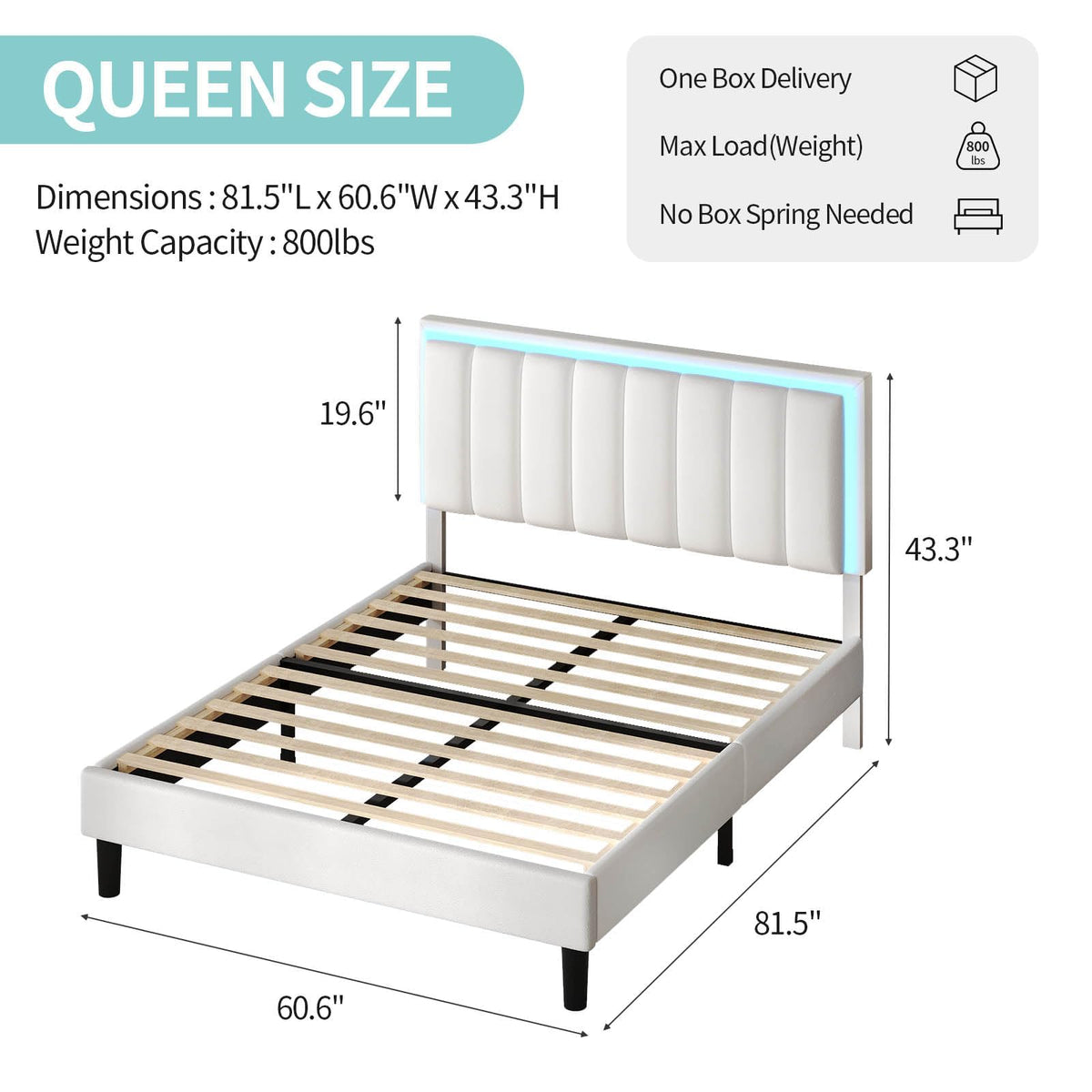 IMMERSTABLE Queen Bed Frame, Bed Frame Queen Size with LED Lights, Upholstered Queen Bed Frames with Headboard, Heavy Duty Wood Slats Support, Noise-Free, No Box Spring Needed, Easy Assembly, White