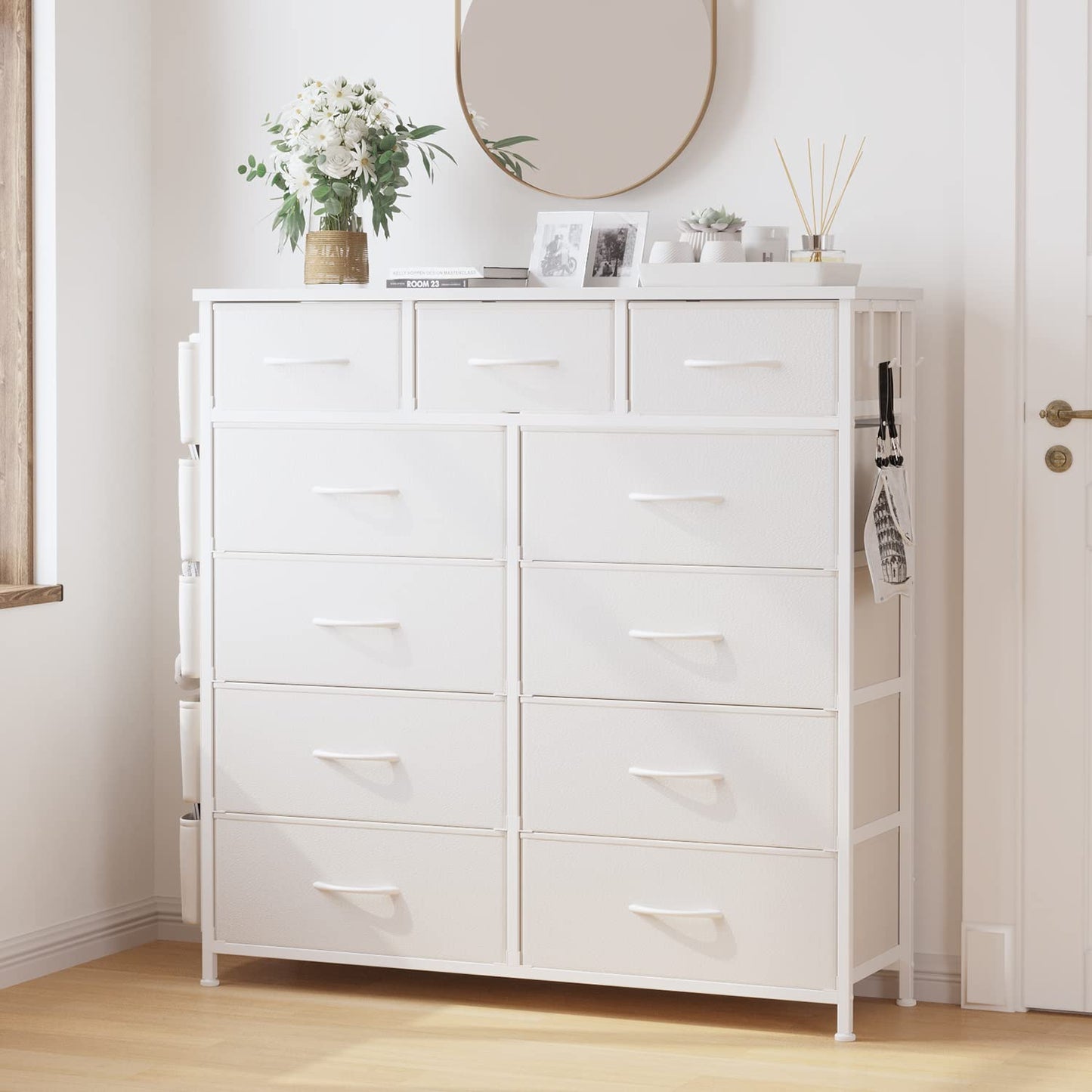 LIVEHOM 11 Drawer Fabric Storage Dresser for Bedroom Organization, Chest of Drawers with Deep Shelves, Side Pockets & Hooks, Sturdy Steel Frame & Wood Top, Baby/Kids Closet Organizer Unit