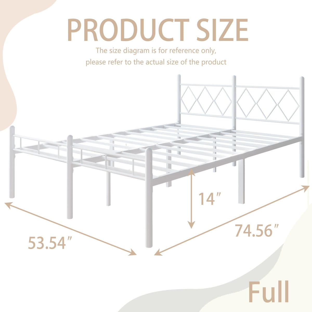 Kinshionroyal 14 Inch Full Size Bed Frame No Box Spring Needed,Metal Platform with Headboard and Footboard,Heavy Duty Slats Support Easy Assemble Noise Free(White and Rhombus)