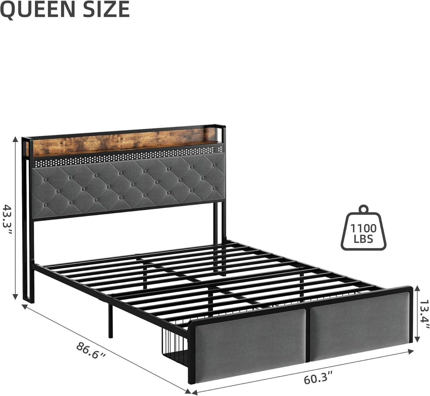 GAOMON King Size Bed Frame with Storage Headboard and Charging Station, Metal Platform Bed Frame with 2 Storage Drawers and LED Lights, Noise-Free, No Box Spring Needed, Rustic Grey