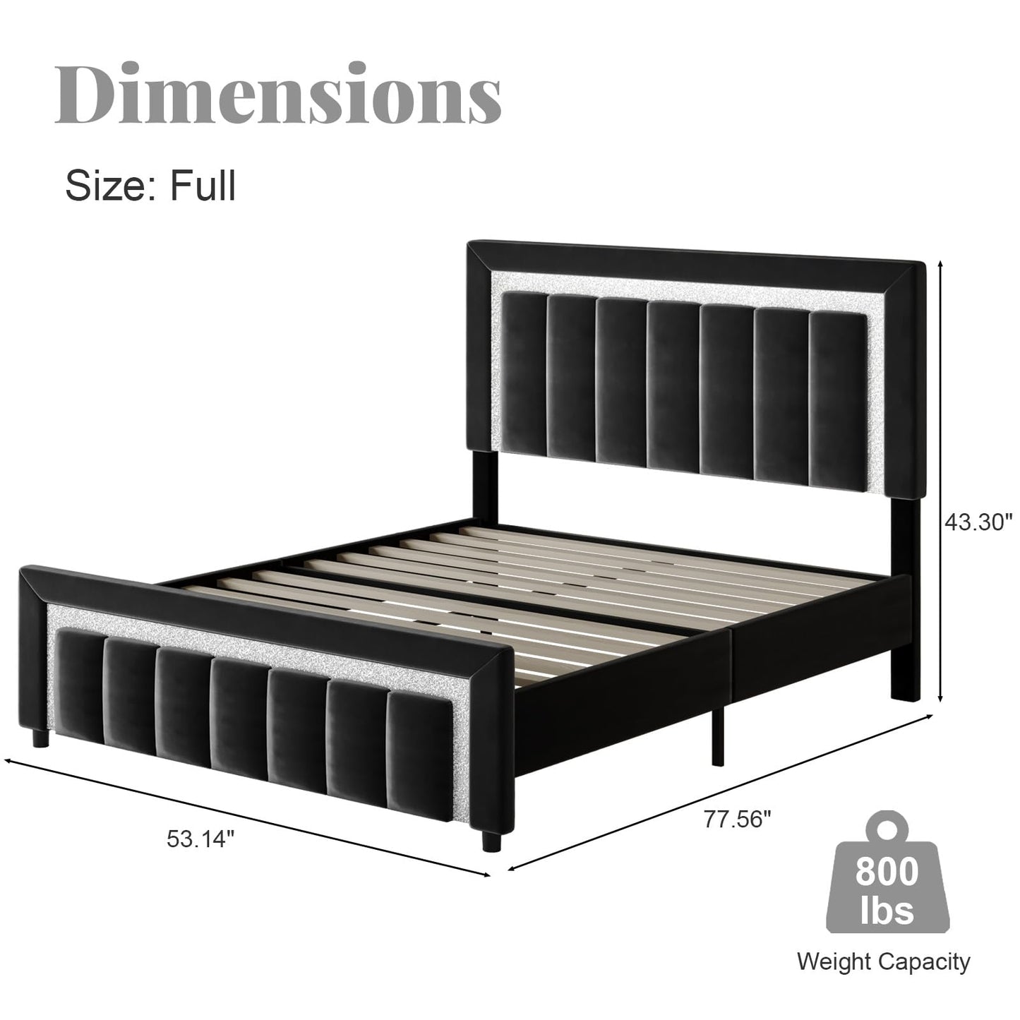 HOMBCK Full Size Bed Frame with Headboard, Velvet Upholstered Bed with Diamond Design, Full Bed with Wooden Slats Support, Mattress Foundation, No Box Spring Needed, Easy Assembly, Black
