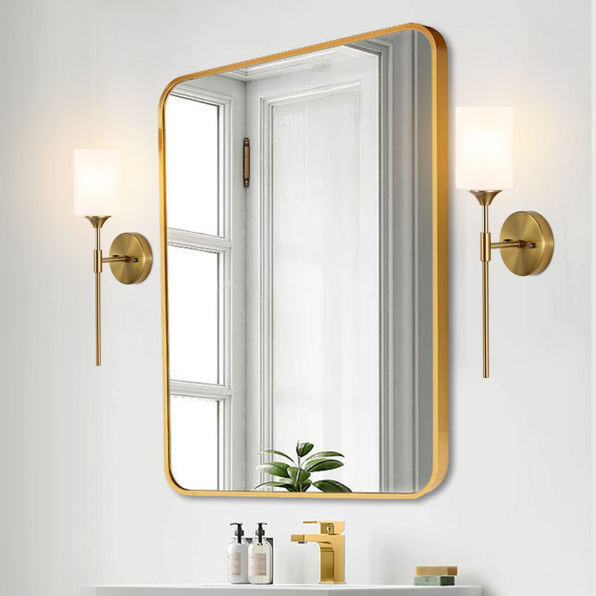 BYOLIIMA Gold Wall Sconce Set of 2 with White Cylinder Glass Shades Modern Mid Century Bathroom Vanity Wall Light Fixtures Industrial Brushed Brass Wall Lamp for Bedroom Mirror Living Room Restaurant