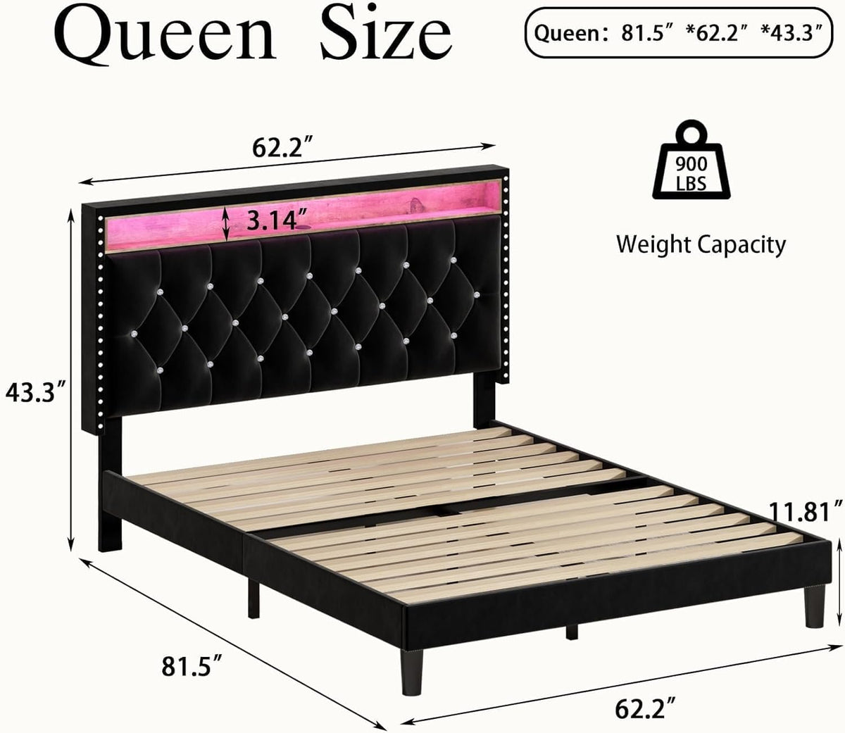 HOMBCK Queen Bed Frame with Charging Station and LED, Upholstered Platform Bed Frame Queen Size with Diamond Tufted Storage Headboard, Wood Slats Support, No Box Spring Needed, Easy Assembly, Black