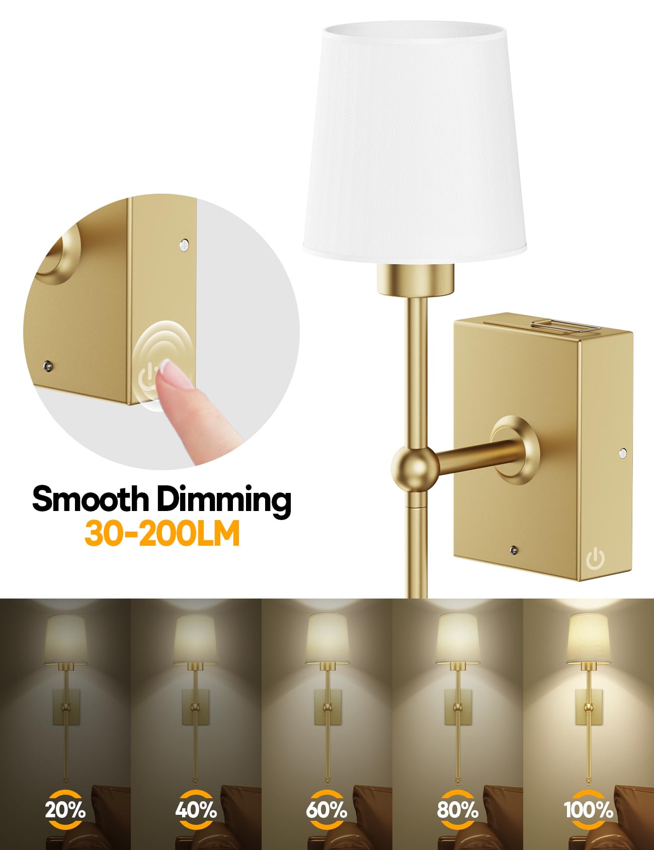 Battery Operated Wall Sconce Set of 2 - Gold Rechargeable 8000mAh Dimmable LED Wall Lights with Remote & Timer, Wireless Wall Lamps for Bedroom, Hallway, Living Room Decor