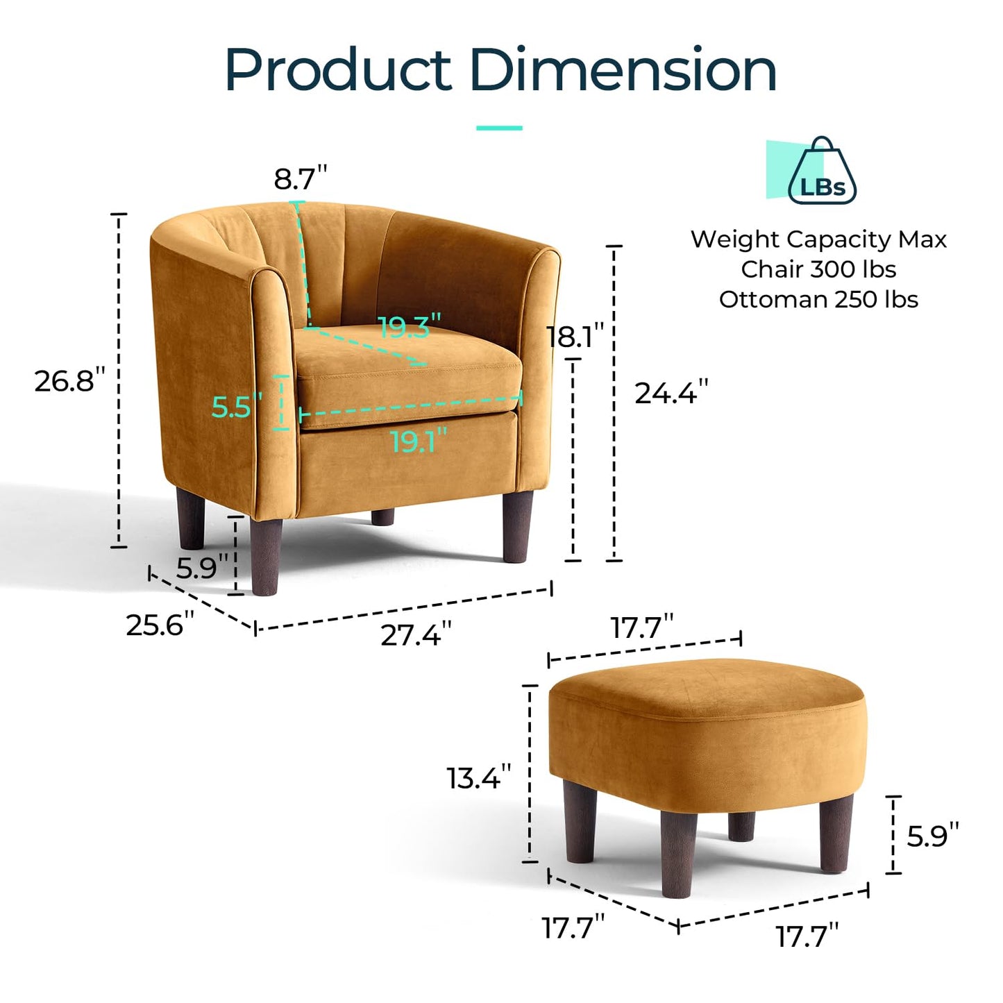 LINSY Accent Chair with Ottoman, Modern Barrel Chair Small Armchair Reading Chair with Footrest, Comfy Round Arms Chair for Living Room Bedroom Reading Room, Velvet, Yellow