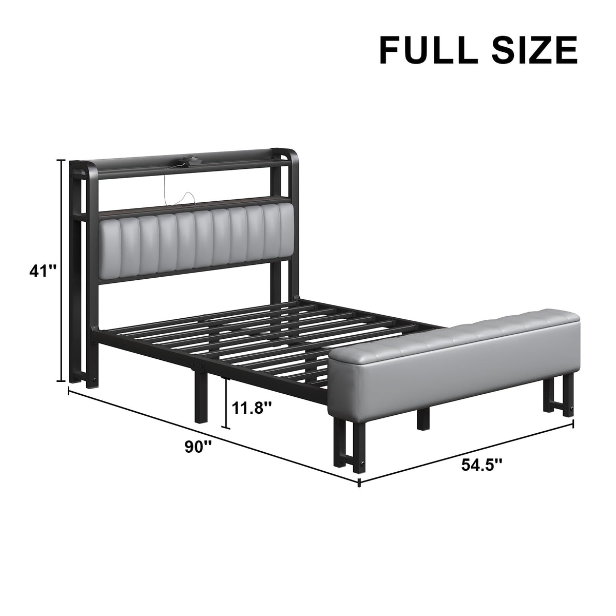 LoVinson Full Size Bed Frame with Headboard & Star Projector, Metal Upholstered Bed Frame with Charging Station, Heavy Duty Bedframe with Storage Ottoman, Noise-Free, No Box Spring Needed, Grey