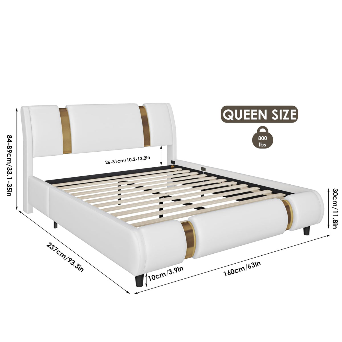 TTVIEW Modern Faux Leather Upholstered Platform Bed Frame with Golden Iron Metal Decor, Adjustable Curved Headboard, Wooden Slats Support, No Box Spring Needed, Queen Size, White