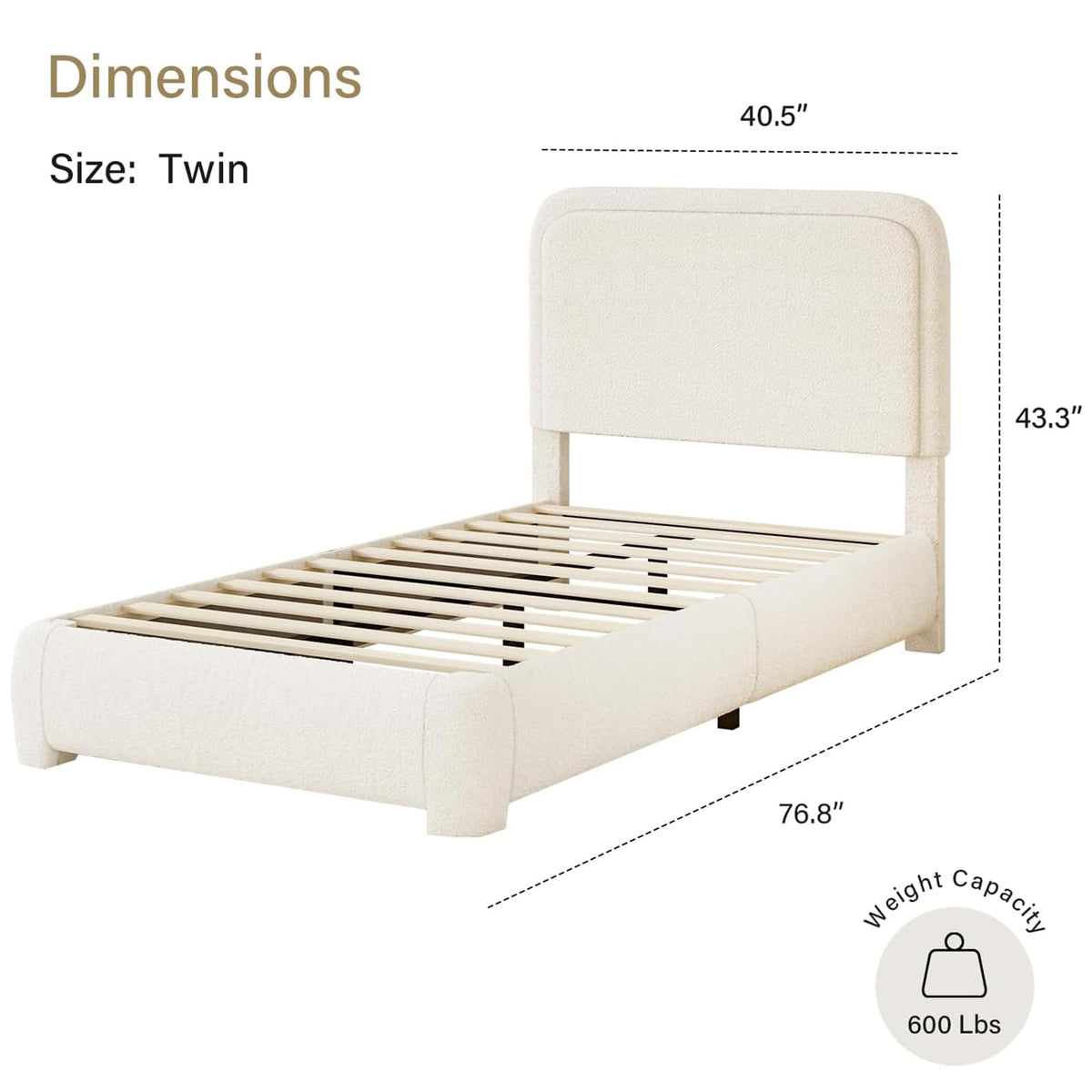 Twin Size Bed Frame, Boucle Upholstered Platform Bed Frame with Headboard, Modern Style, Soft Rounded Corners, No Box Spring Required, Easy Assembly, Cream