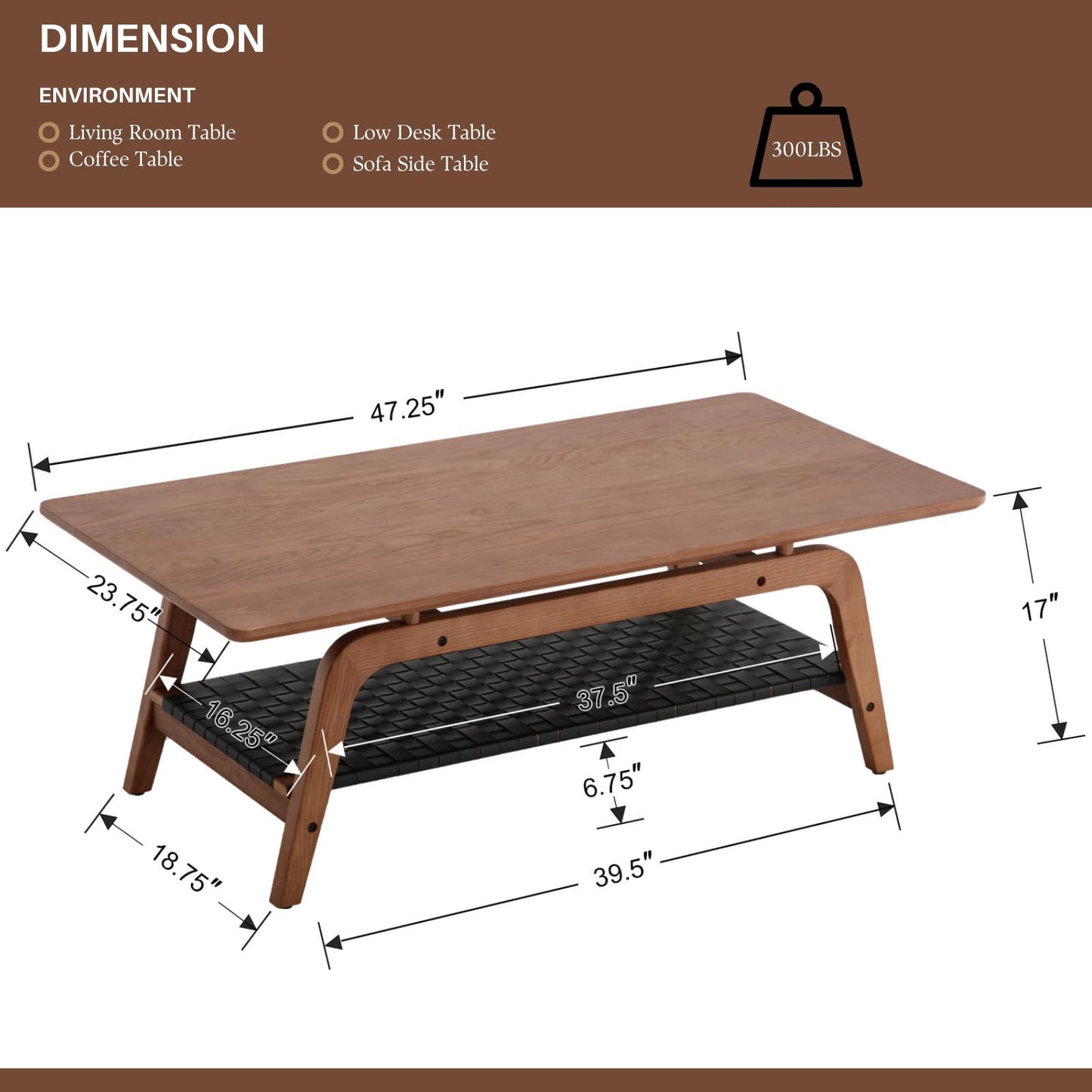 Solid Wood Coffee Table for Living Room, 47” Mid Century Modern 2-Tier Storage Coffee Table Rectangular Coffee Tables with Faux Leather Shelf Storage for Office Apartment, Walnut