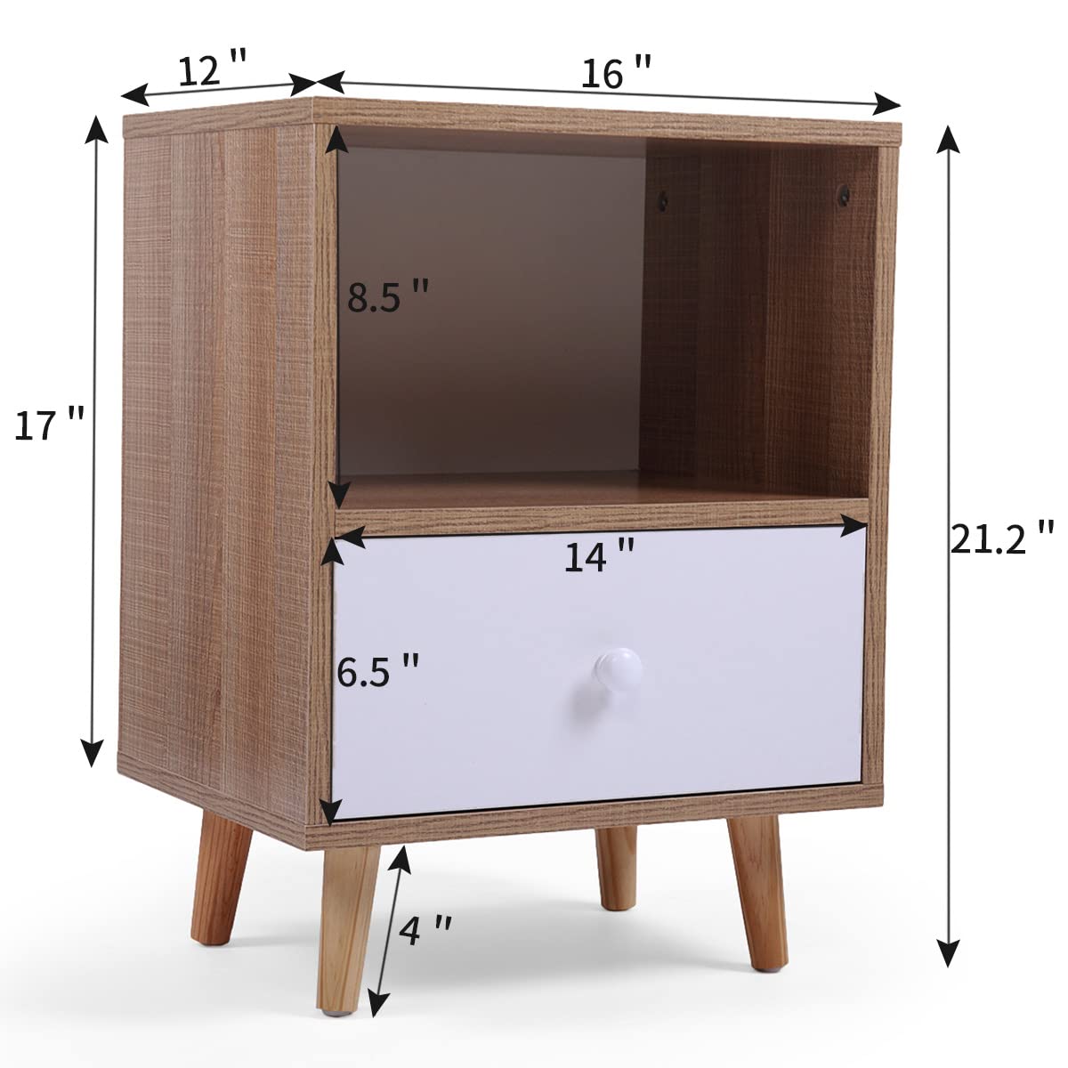 JAXPETY Set of 2 Modern Wood Nightstand, Bedside Table with Drawer, Bedside Furniture, Night Stand, End Table with Open Shelf and Solid Wood Legs for Home Bedroom, Brown