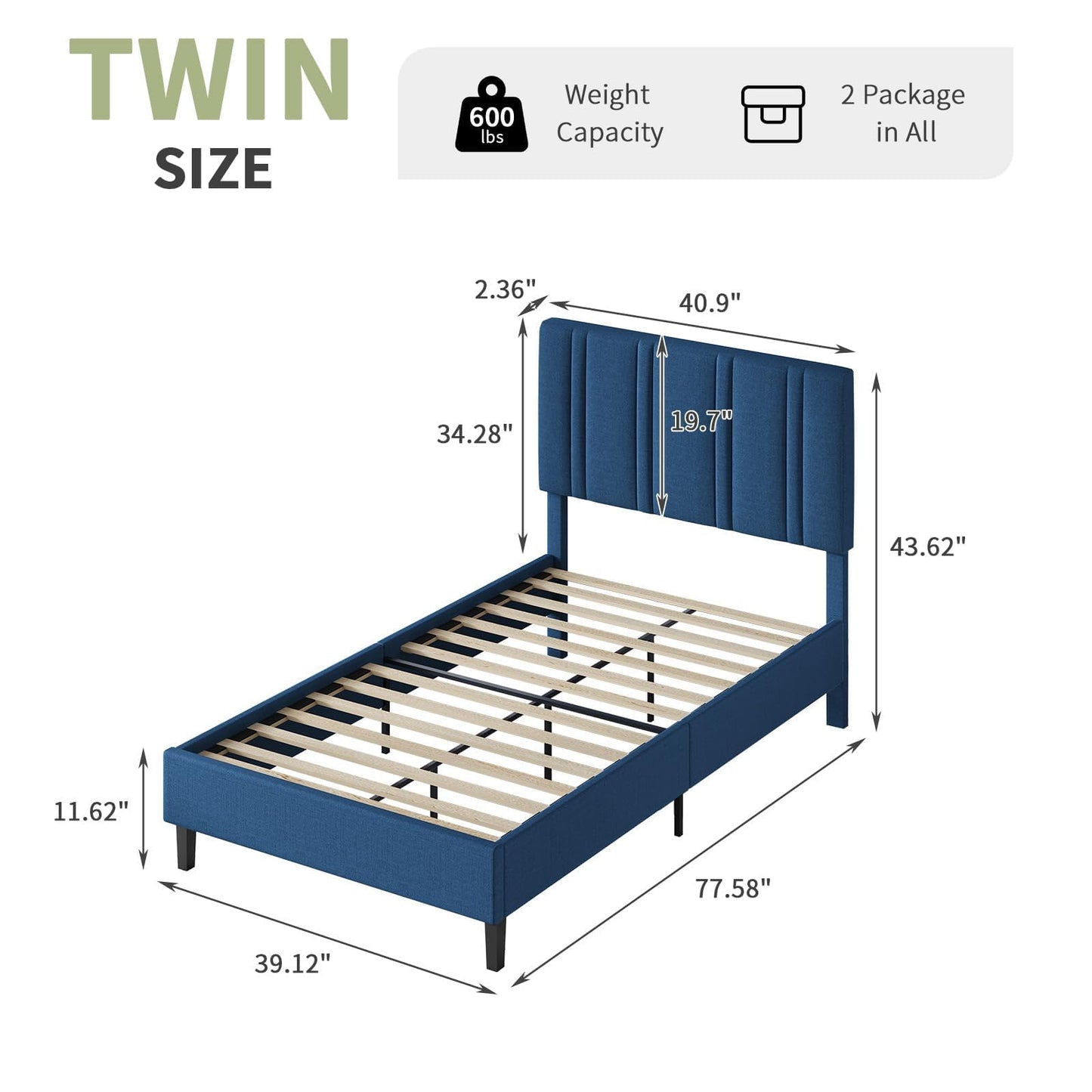 MaverickFurni Twin Bed Frame, Upholstered Platform Bed with Button Tufted Headboard, Blue Bed Frame Twin Size for Kids Girls Boys, No Box Spring Required, Easy Assembly, Blue