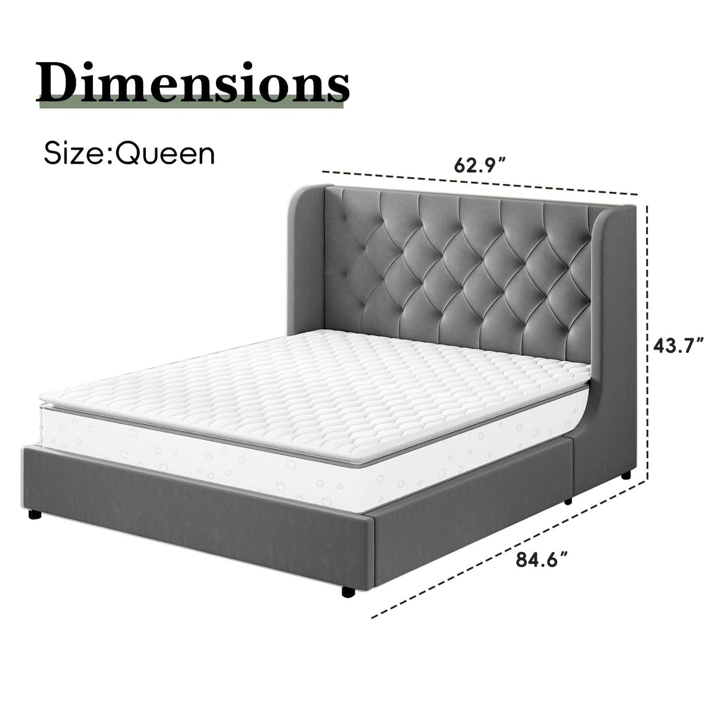 HOMBCK Grey Queen Bed Frame, Velvet Upholstered Platform Bed Frame with Headboard, Curved Wingback Design, Wooden Slats, No Box Spring, Noise Free, Easy Assembly