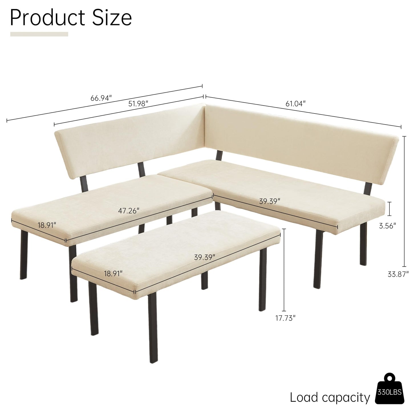 HIPIHOM Modern L-Shaped Dining Bench, 67 Inch Fabric Upholstered Corner Sofa with Metal Legs for Kitchen Nook, Living Room, Dining Room (Beige)