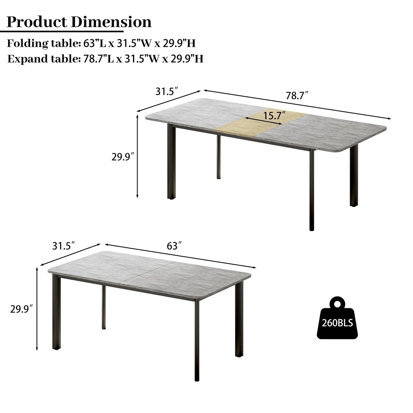 HIPIHOM 63"- 78.7" Extendable Dining Table, Thickened Expandable MDF Wooden Kitchen Table with Metal Legs, Scratch-Resistant, Easy to Clean