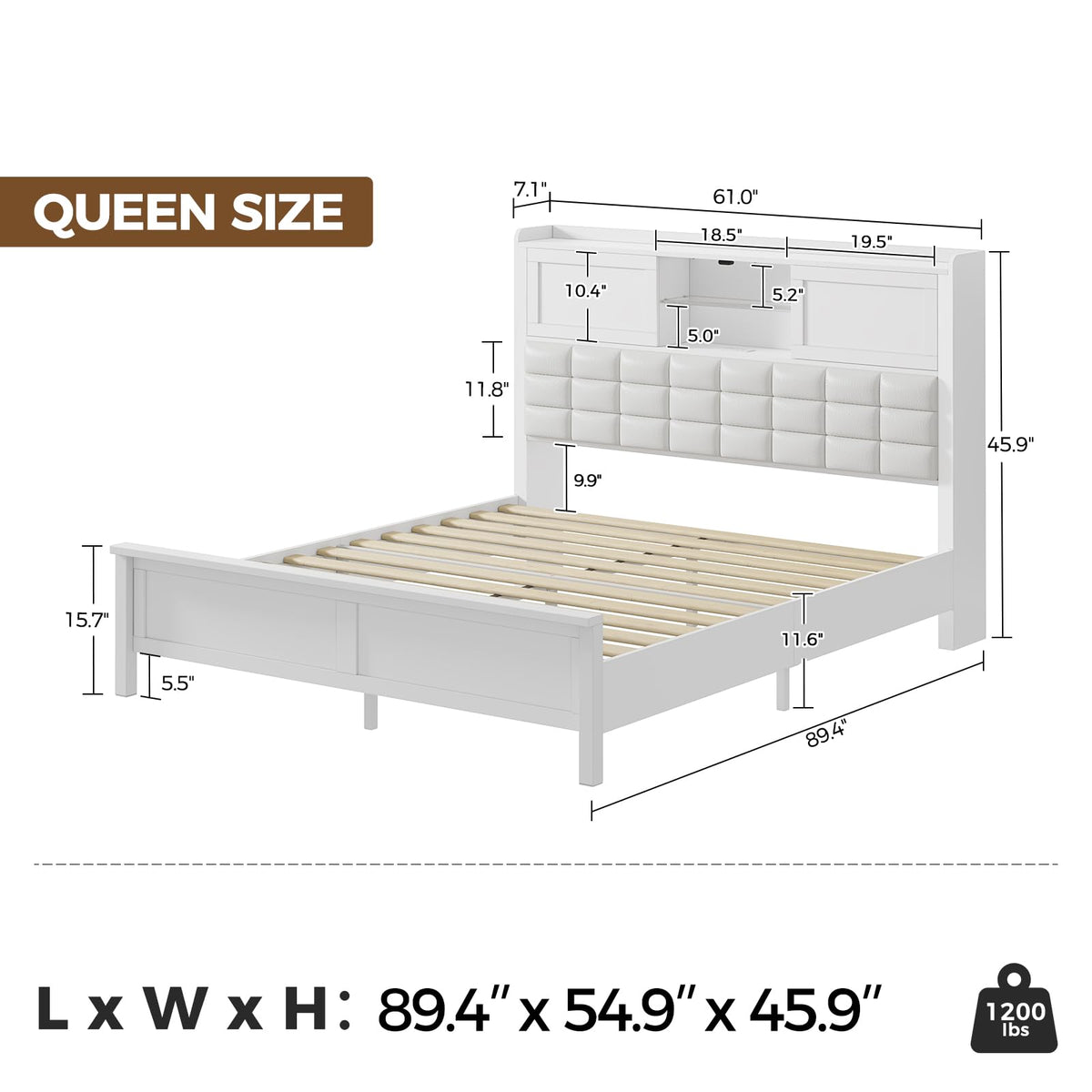 Rolanstar Queen Bed Frame with Charging Station, Bookcase Headboard Bed with LED Light and Sliding Doors, Platform Bed with Wooden Slats, No Box Spring Needed, Noise Free, White
