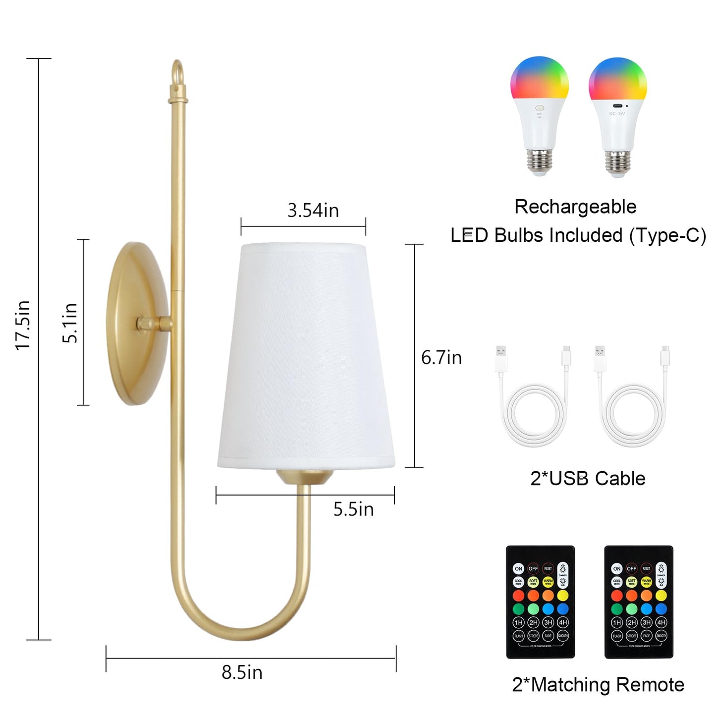 Battery Operated Wall Sconces Set of Two, Wireless Rechargeable Wall Lights with Remotes and RGB Bulbs, Gold Sconces Wall Decor Set of 2, Battery Powered Wall Sconce, Wall Lamp for Bedroom Living Room