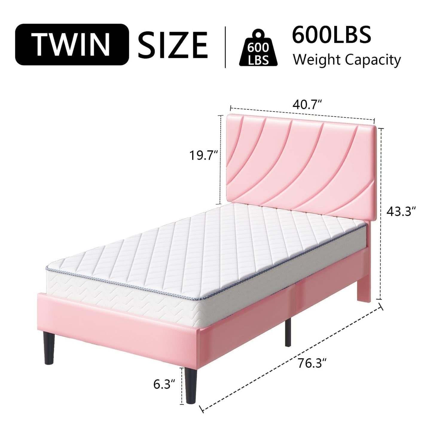 HOMBCK Bed Frames Twin, Girls Twin Bed Frame with Headboard, Upholstered Platform Bed, Strong Wooden Slats, No Box Spring Needed, Easy Assembly, Pink