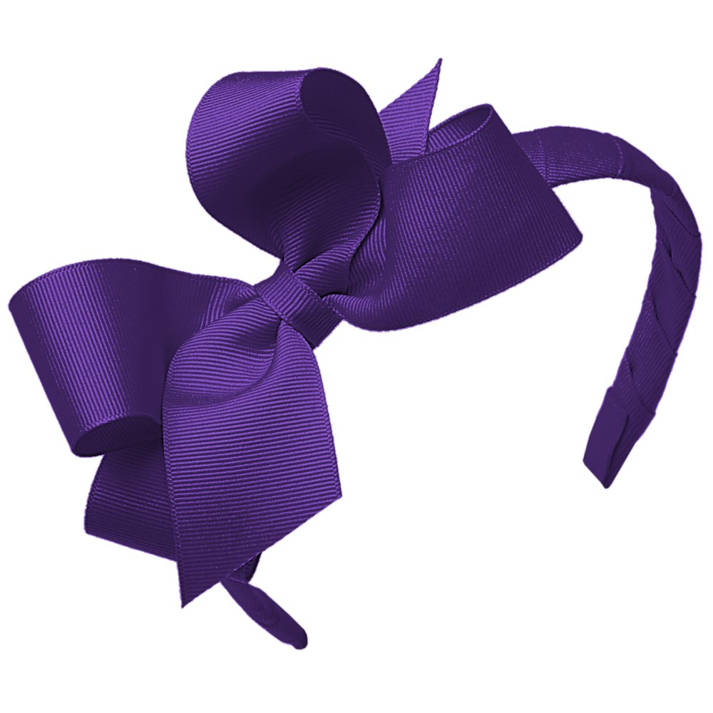 Wee Ones Girls' Classic Grosgrain Hair Bow on a Wrapped Headband, Stylish For All Hair Types, Medium Bow, Purple