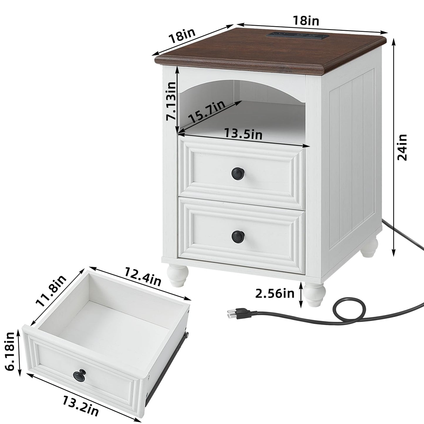 RWYHG 18" Farmhouse Night Stand with Charging Station, White Wood Nightstand with 2 Drawers, Bedside End Table with Shelf Storage, Bed Side Tables Cabinet for Bedroom, Living Room, and Closet