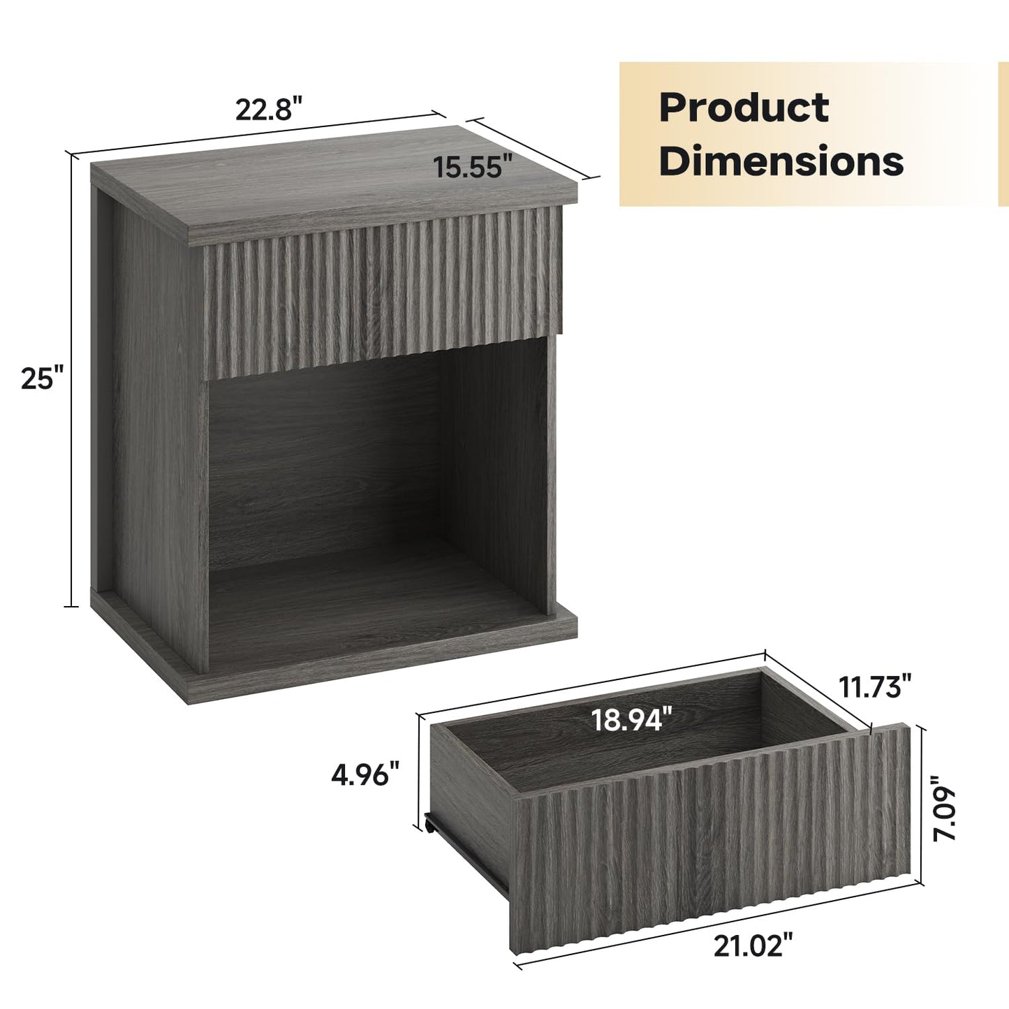 UNIQUITE Fluted Nightstand, 22.8" Wide Nightstands with Drawer Storage Large Wood BedsideTable Night Stand for Bedroom, Grey Oak