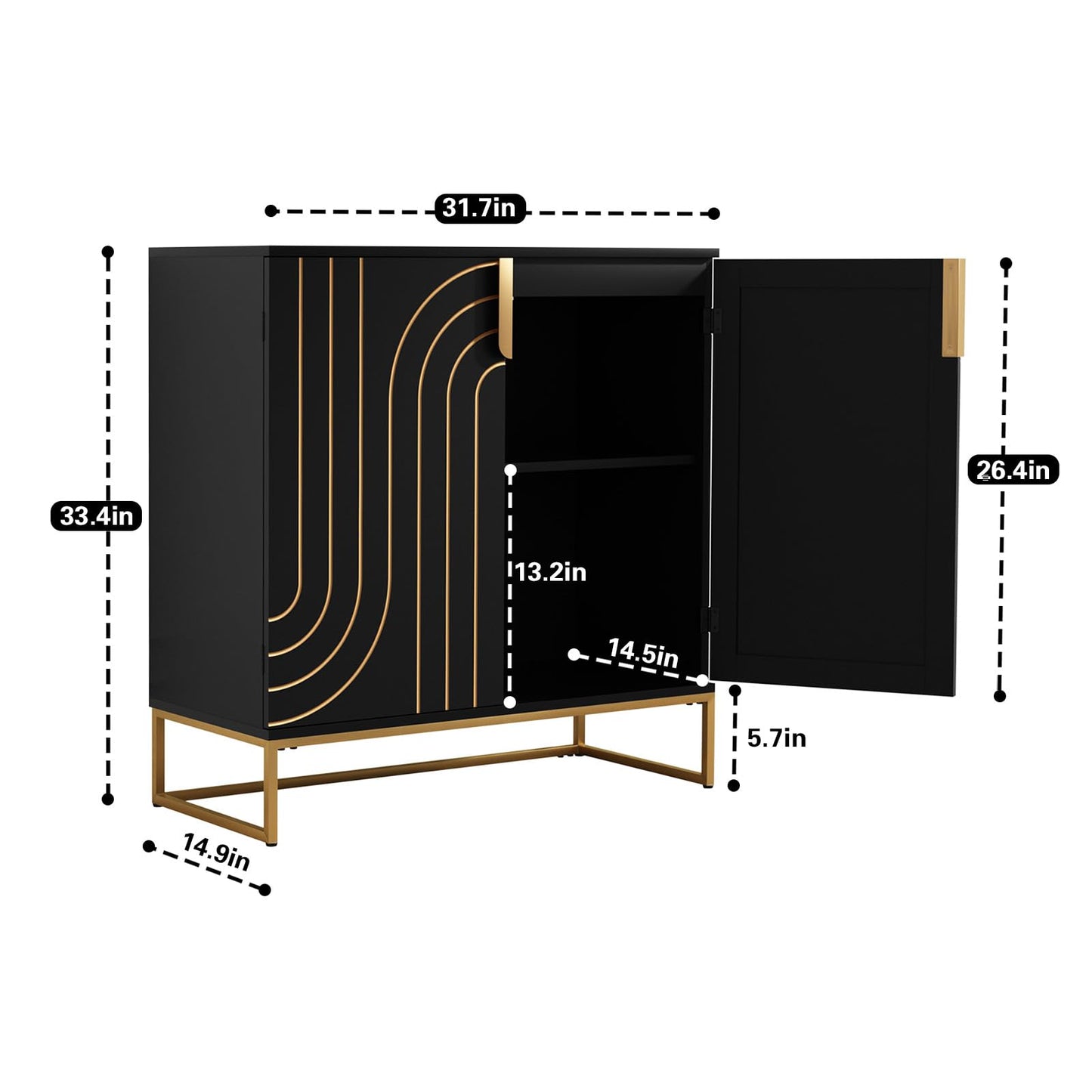 HLR Accent Wood Grain Cabinet with 2 Doors, Storage Cabinet Sideboard with Gold Metal Legs for Living Room,Entryway and Kitchen Dining Room,Black
