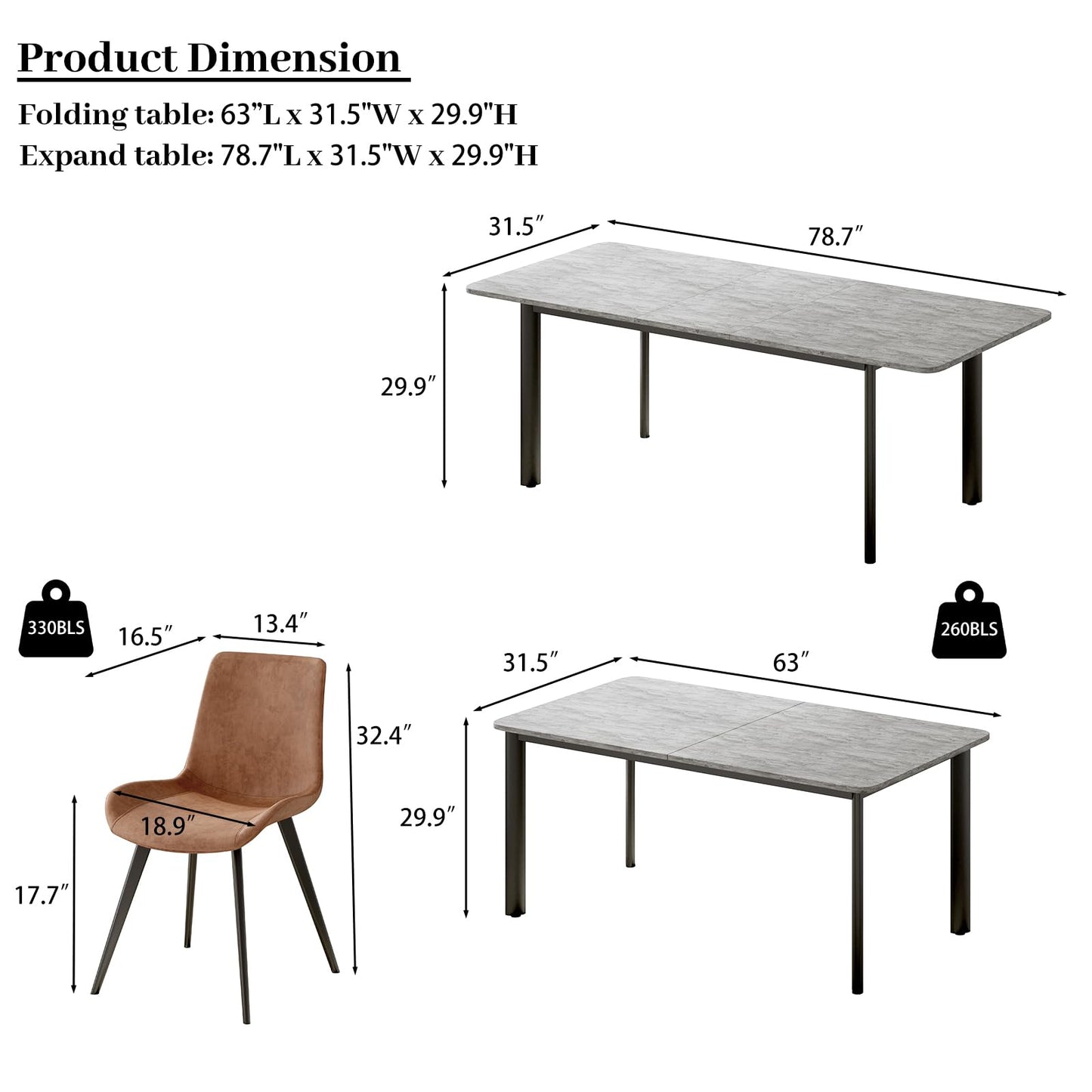 HIPIHOM 63"- 78.7" Extendable Dining Table with 6 Brown Dining Chairs, Modern Kitchen Table Set for 6, Thickened Expandable MDF Wooden Table with Metal Legs for Dining Room, Kitchen, Home