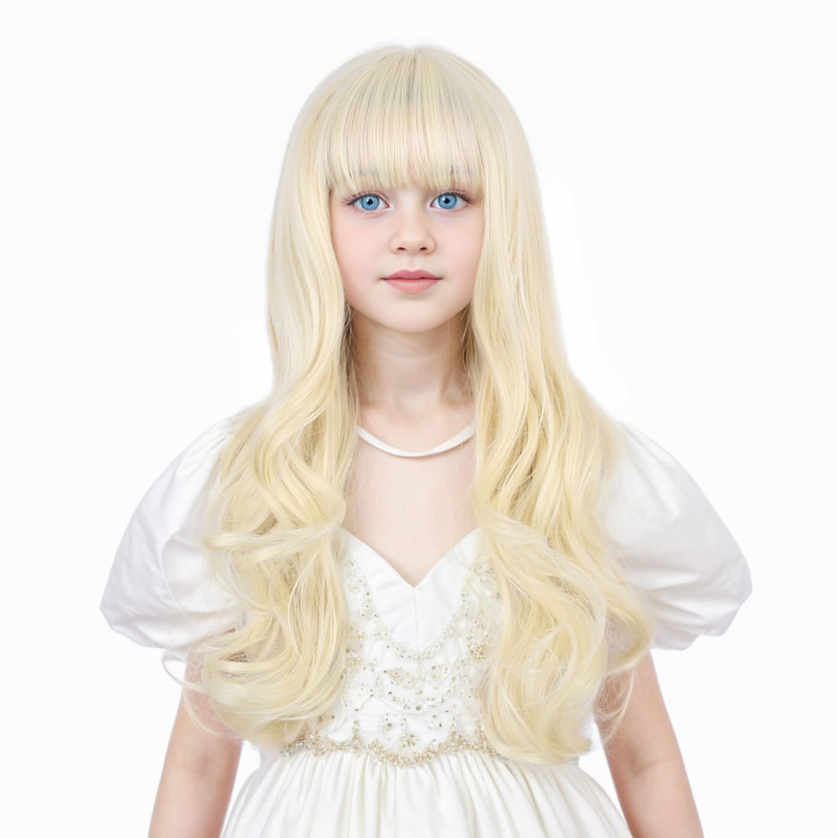 Ufindcos Light Blonde Wig for Kids Long Wavy Curly Blonde Hair Wig for Child Blonde Wig with Bangs for Girls Natural Synthetic Wig with Wig Cap