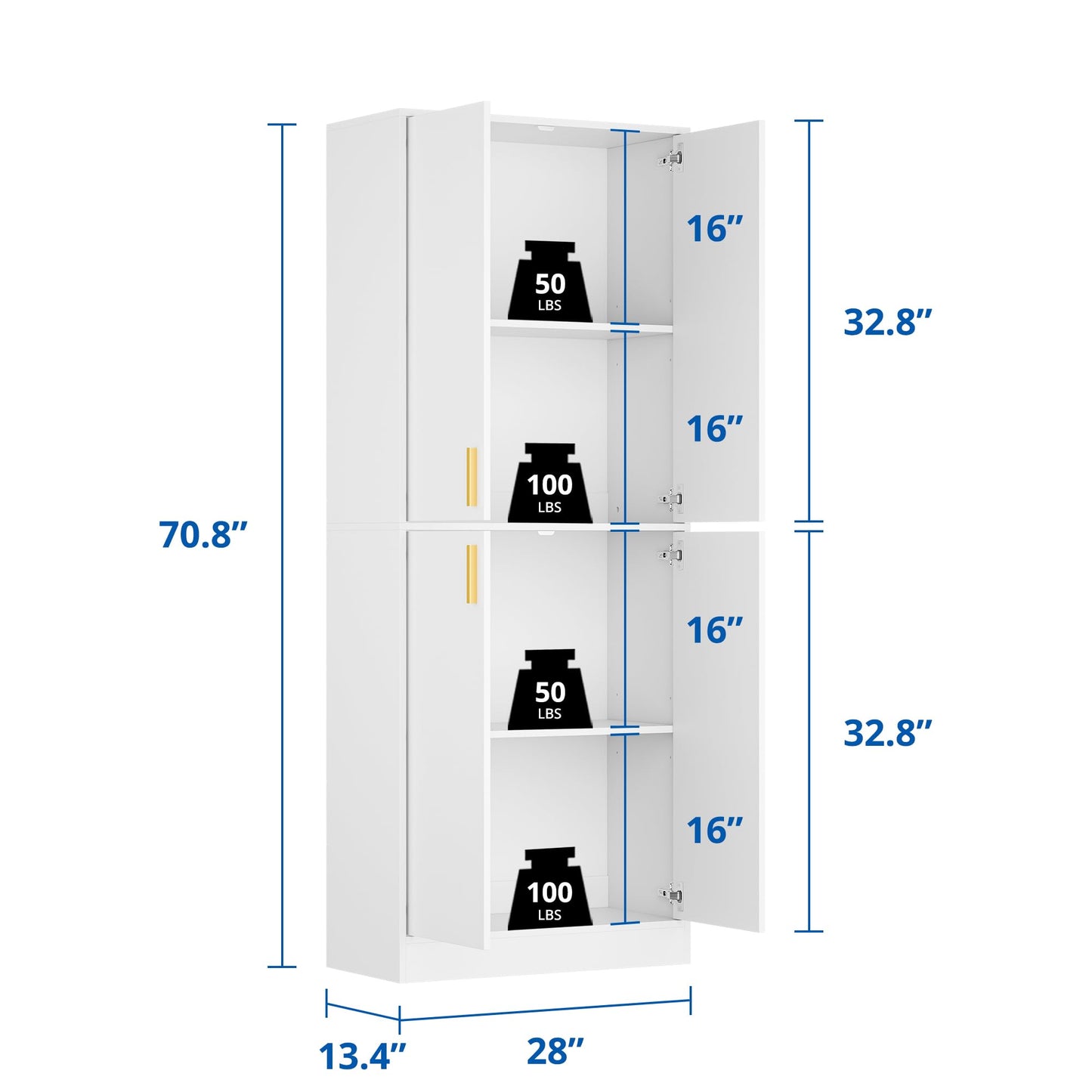 Cozy Castle Kitchen Pantry Cabinet, 71" Tall Wood Storage Cabinet with Doors and Shelves 4 Doors Freestanding Cupboard Utility Hutch for Dining Room Living Room Bathroom Furniture, White
