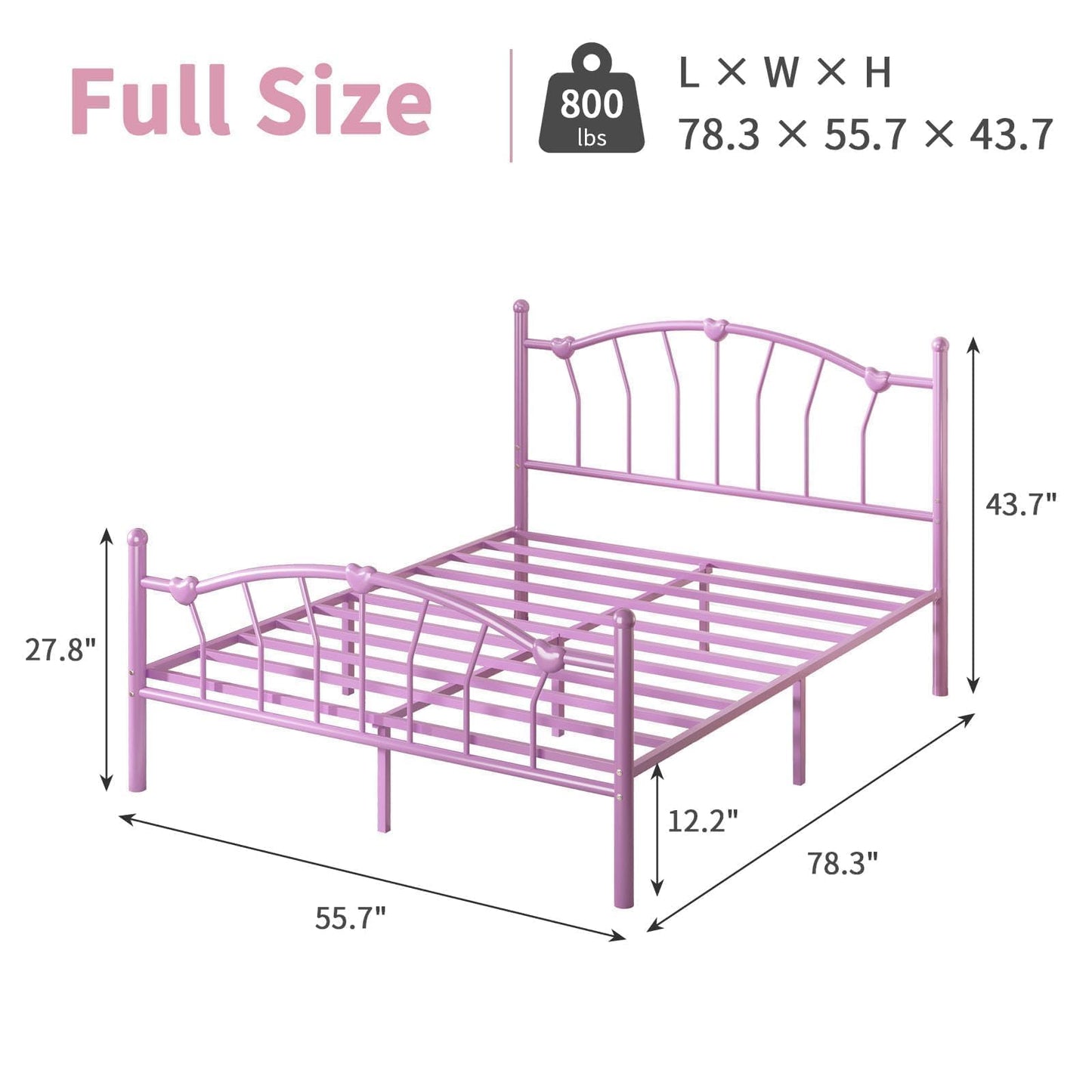 Full Size Metal Platform Bed Frame, Full Bed Frame with Heart-Shaped Decorative Headboard and Footboard, Heavy Duty Metal Slat Support, No Box Spring Needed, Noise-Free, Easy Assembly, Purple