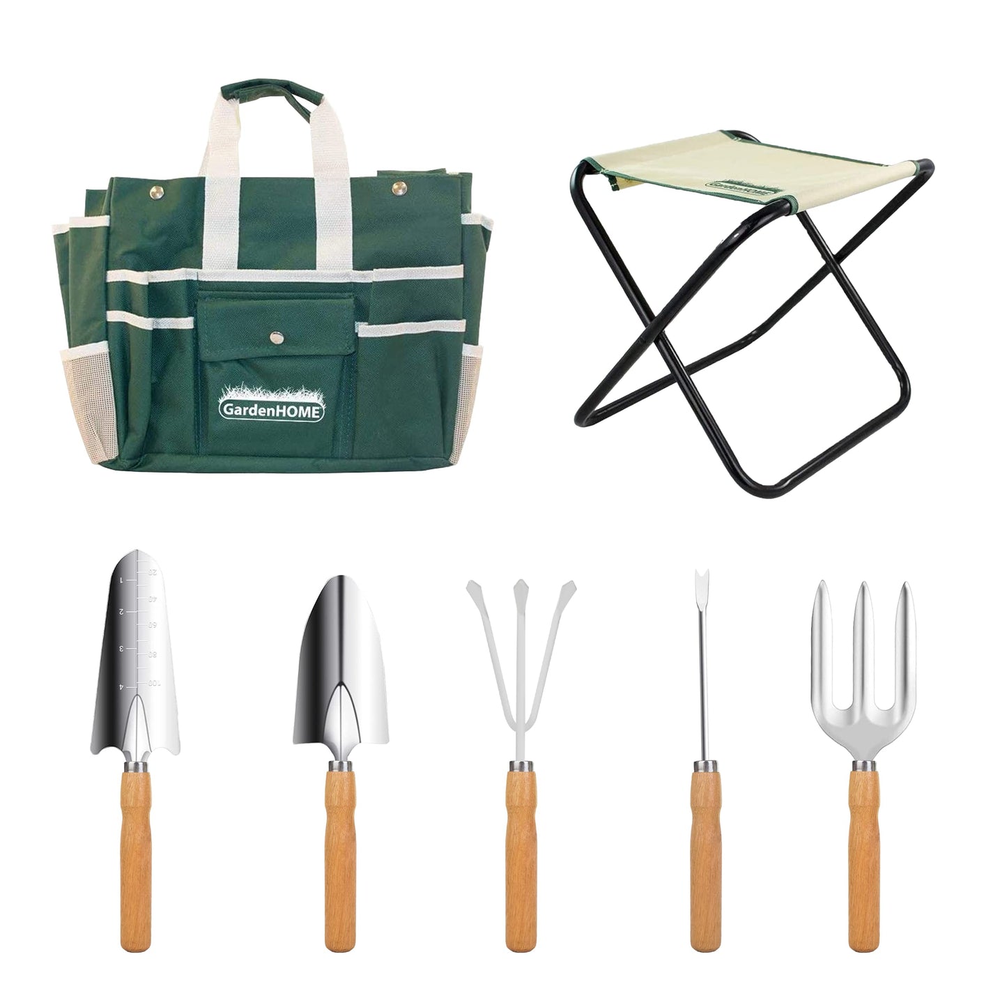 GardenHOME 7-Piece Gardening Tool Set – Stainless Steel Tools with Wooden Handles, Folding Stool, and Canvas Tote Bag, Green and White – Ideal for Gardeners, Men, and Enthusiasts
